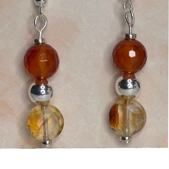 Citrine Coin (AA) and Carnelian 8mm Faceted Beads Earhook Earrings Silver Plate - Picture 2 of 4
